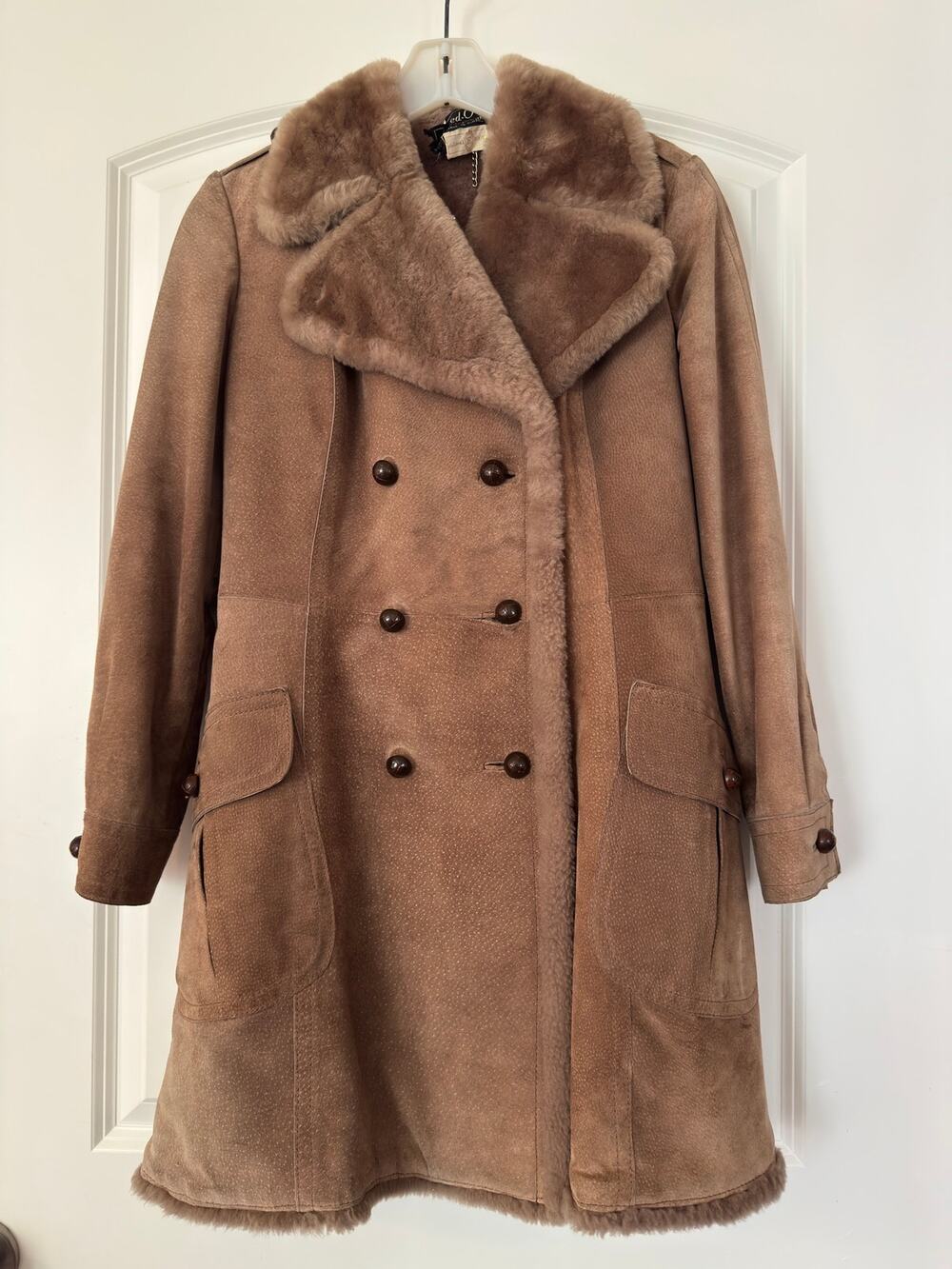 Vintage Beged-Or Suede Coat Double Breasted Plush Collar Made in Israel